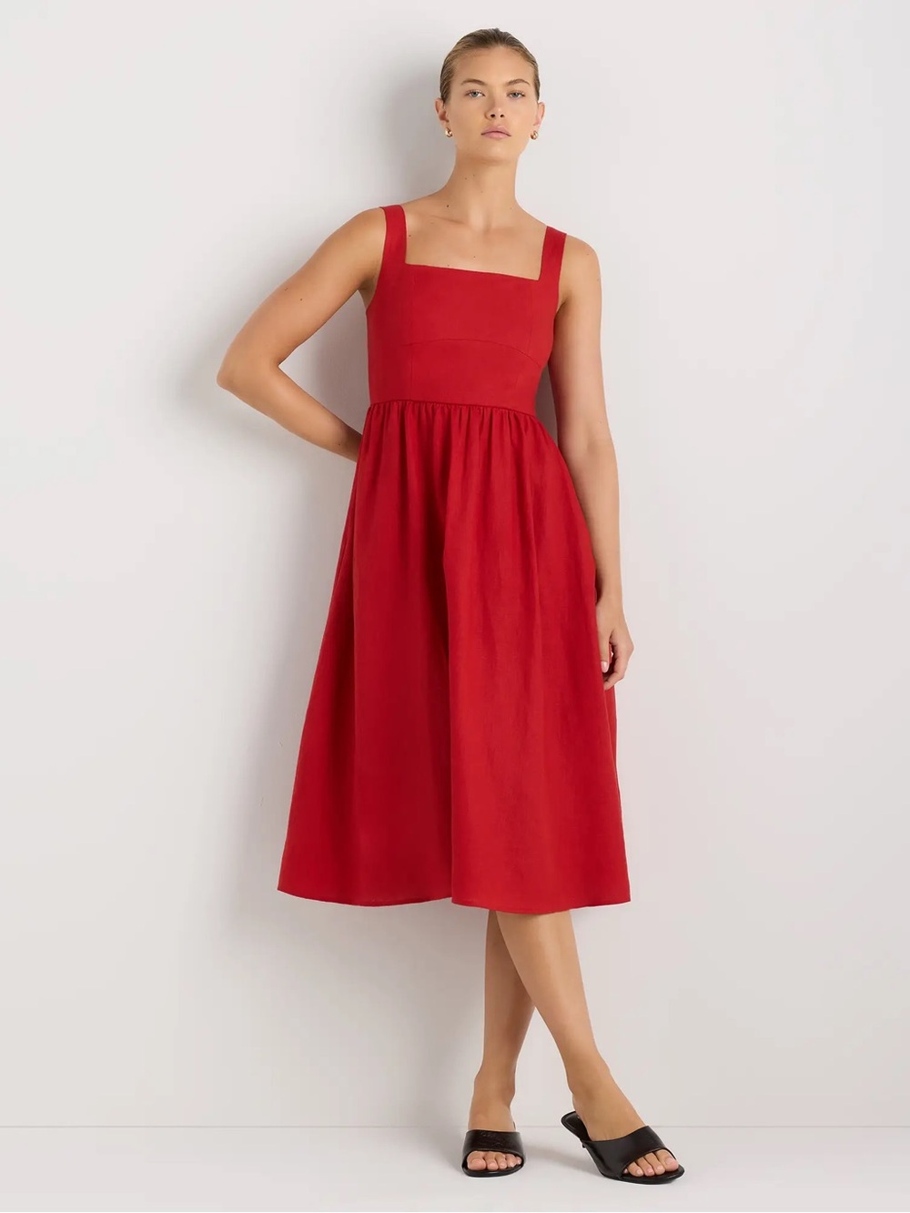 Quince 100% European Linen Fit & Flare Midi Dress Square Neck Red Chile XS 0 2